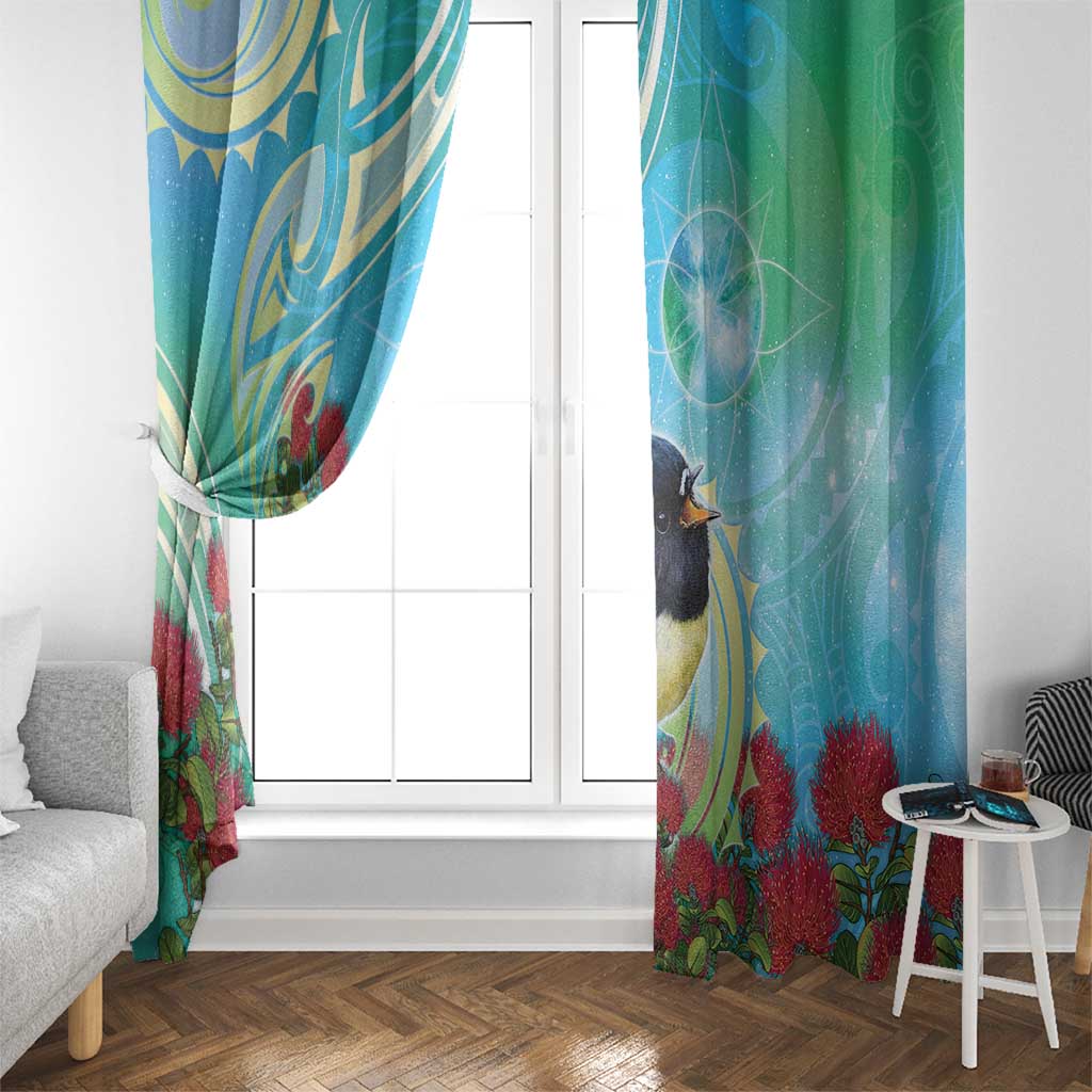 New Zealand Tomtit Window Curtain Maori Koru With Pohutukawa Galaxy Style - Polynesian Pride