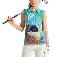 New Zealand Tomtit Women Sleeveless Polo Shirt Maori Koru With Pohutukawa Galaxy Style - Polynesian Pride
