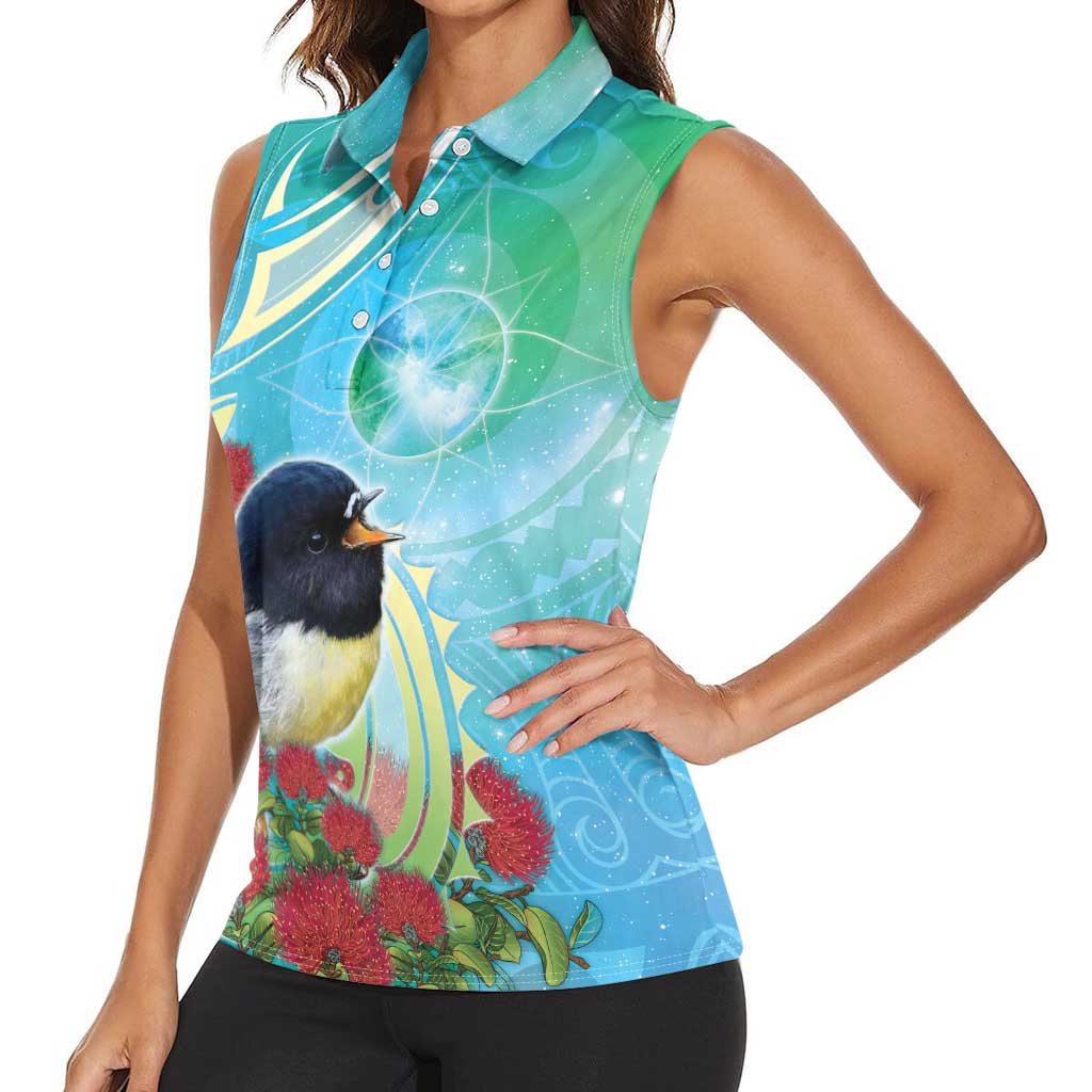 New Zealand Tomtit Women Sleeveless Polo Shirt Maori Koru With Pohutukawa Galaxy Style - Polynesian Pride