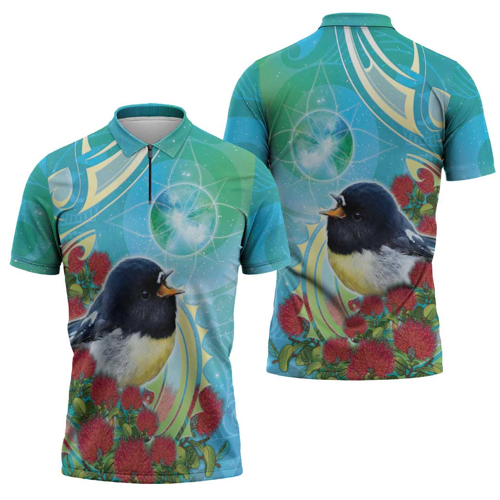 New Zealand Tomtit Zipper Polo Shirt Maori Koru With Pohutukawa Galaxy Style - Polynesian Pride
