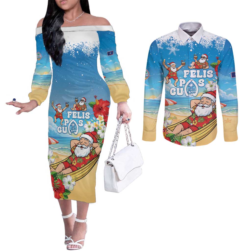Guam Christmas Couples Matching Off The Shoulder Long Sleeve Dress and Long Sleeve Button Shirt Felis Pasgua Chilling Santa - Polynesian Pride