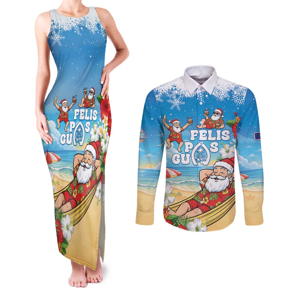 Guam Christmas Couples Matching Tank Maxi Dress and Long Sleeve Button Shirt Felis Pasgua Chilling Santa - Polynesian Pride