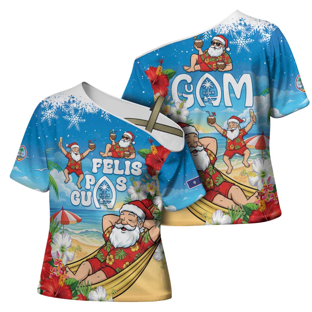 Guam Christmas Cross Shoulder Shirt Felis Pasgua Chilling Santa - Polynesian Pride