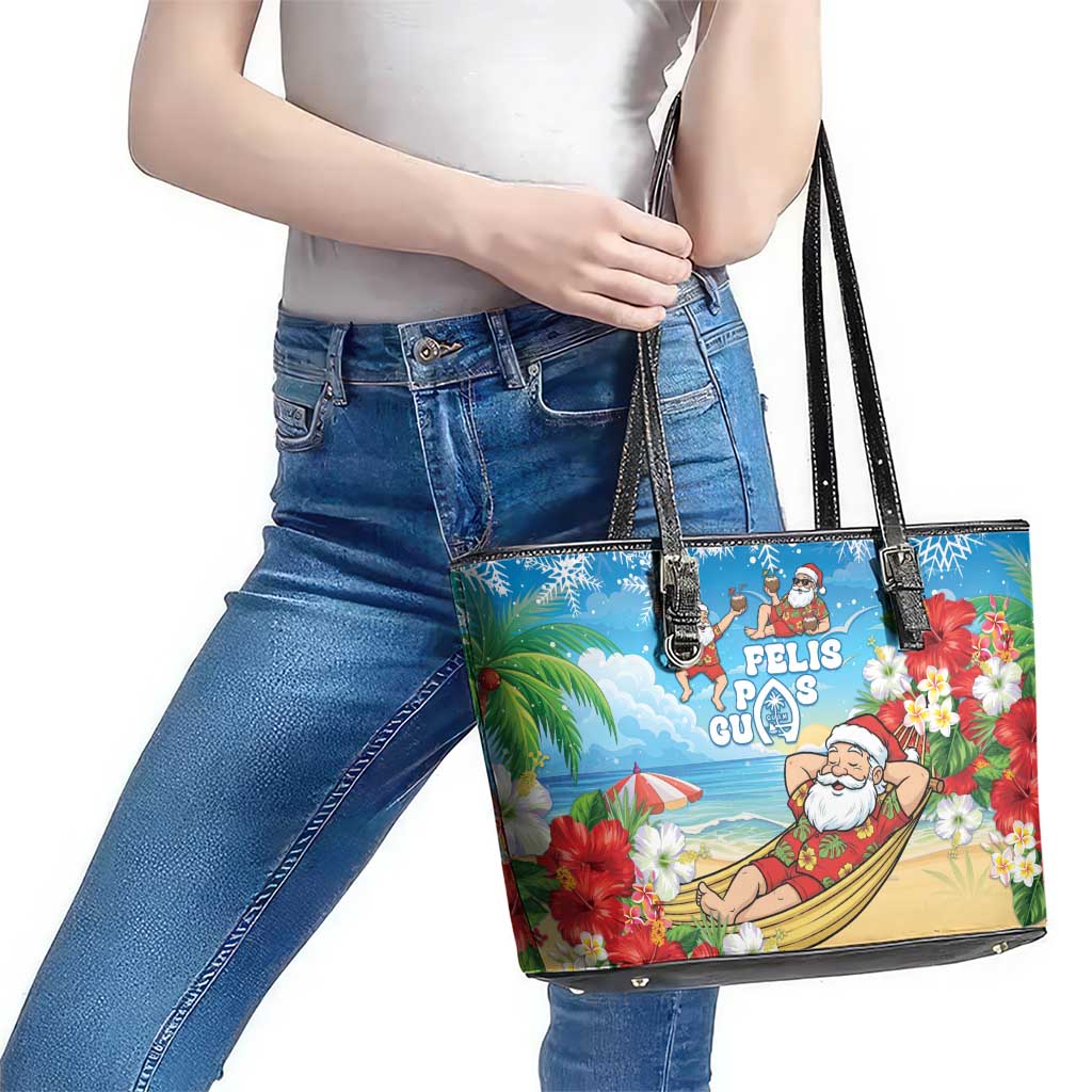 Guam Christmas Leather Tote Bag Felis Pasgua Chilling Santa - Polynesian Pride