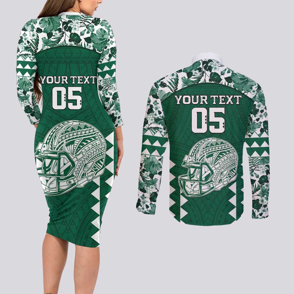 Custom Hawaii Football Couples Matching Long Sleeve Bodycon Dress and Long Sleeve Button Shirt Rainbow Warriors Tropical Vibes - Polynesian Pride
