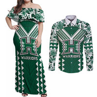 Custom Hawaii Football Couples Matching Off Shoulder Maxi Dress and Long Sleeve Button Shirt Rainbow Warriors Tropical Vibes - Polynesian Pride
