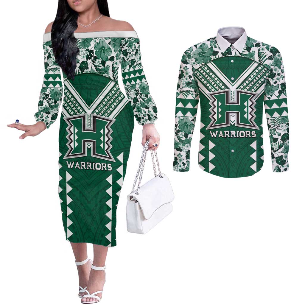 Custom Hawaii Football Couples Matching Off The Shoulder Long Sleeve Dress and Long Sleeve Button Shirt Rainbow Warriors Tropical Vibes - Polynesian Pride