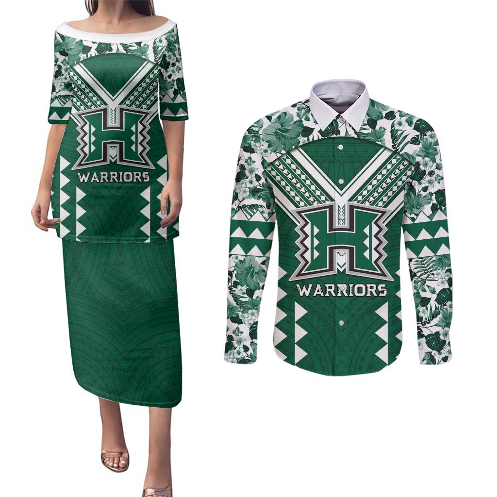 Custom Hawaii Football Couples Matching Puletasi and Long Sleeve Button Shirt Rainbow Warriors Tropical Vibes - Polynesian Pride
