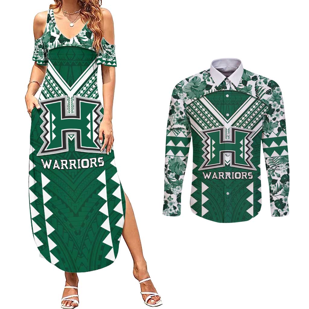 Custom Hawaii Football Couples Matching Summer Maxi Dress and Long Sleeve Button Shirt Rainbow Warriors Tropical Vibes - Polynesian Pride