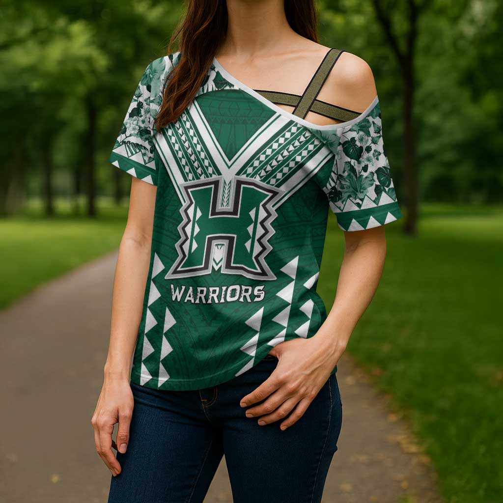 Custom Hawaii Football Cross Shoulder Shirt Rainbow Warriors Tropical Vibes - Polynesian Pride