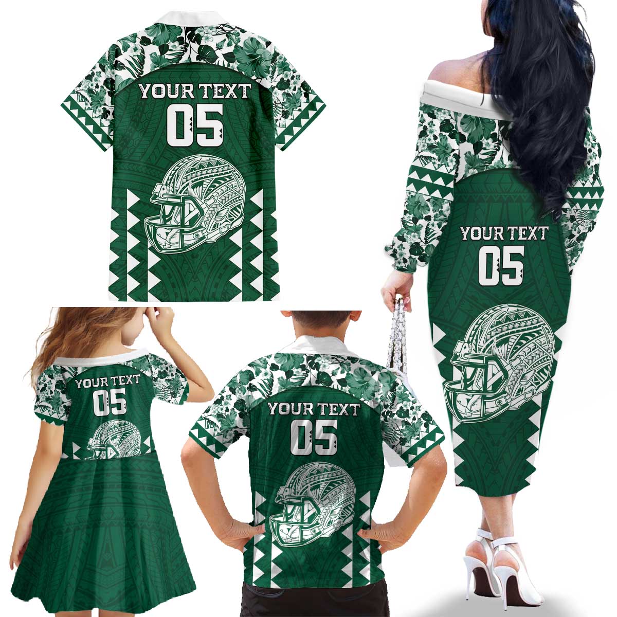 Custom Hawaii Football Family Matching Off The Shoulder Long Sleeve Dress and Hawaiian Shirt Rainbow Warriors Tropical Vibes - Polynesian Pride