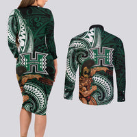 Hawaii Ikaika Warrior Football Couples Matching Long Sleeve Bodycon Dress and Long Sleeve Button Shirt Polynesian Tribal Tattoo - Polynesian Pride