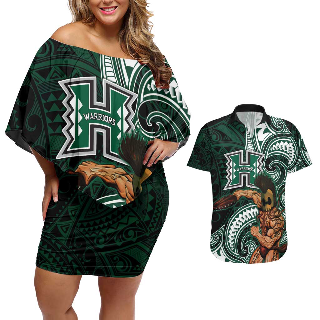 Hawaii Ikaika Warrior Football Couples Matching Off Shoulder Short Dress and Hawaiian Shirt Polynesian Tribal Tattoo - Polynesian Pride