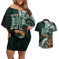 Hawaii Ikaika Warrior Football Couples Matching Off Shoulder Short Dress and Hawaiian Shirt Polynesian Tribal Tattoo - Polynesian Pride