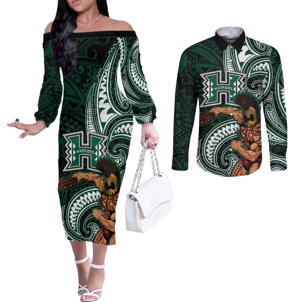 Hawaii Ikaika Warrior Football Couples Matching Off The Shoulder Long Sleeve Dress and Long Sleeve Button Shirt Polynesian Tribal Tattoo - Polynesian Pride
