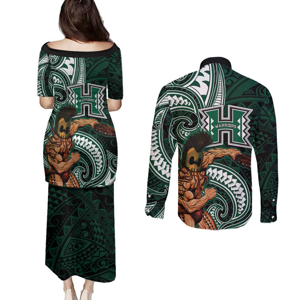 Hawaii Ikaika Warrior Football Couples Matching Puletasi and Long Sleeve Button Shirt Polynesian Tribal Tattoo - Polynesian Pride