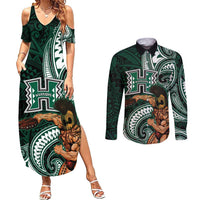 Hawaii Ikaika Warrior Football Couples Matching Summer Maxi Dress and Long Sleeve Button Shirt Polynesian Tribal Tattoo - Polynesian Pride