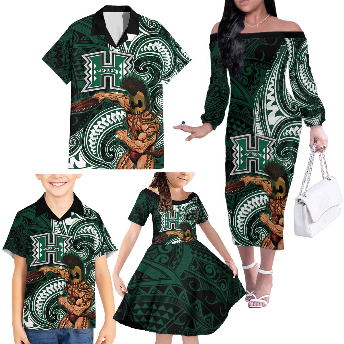 Hawaii Ikaika Warrior Football Family Matching Off The Shoulder Long Sleeve Dress and Hawaiian Shirt Polynesian Tribal Tattoo - Polynesian Pride