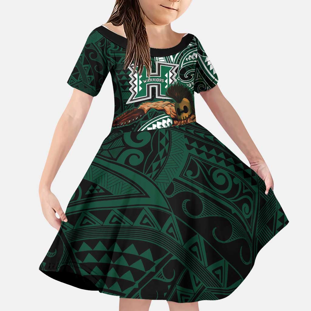 Hawaii Ikaika Warrior Football Family Matching Off Shoulder Short Dress and Hawaiian Shirt Polynesian Tribal Tattoo LT05 Daughter's Dress Black - Polynesian Pride