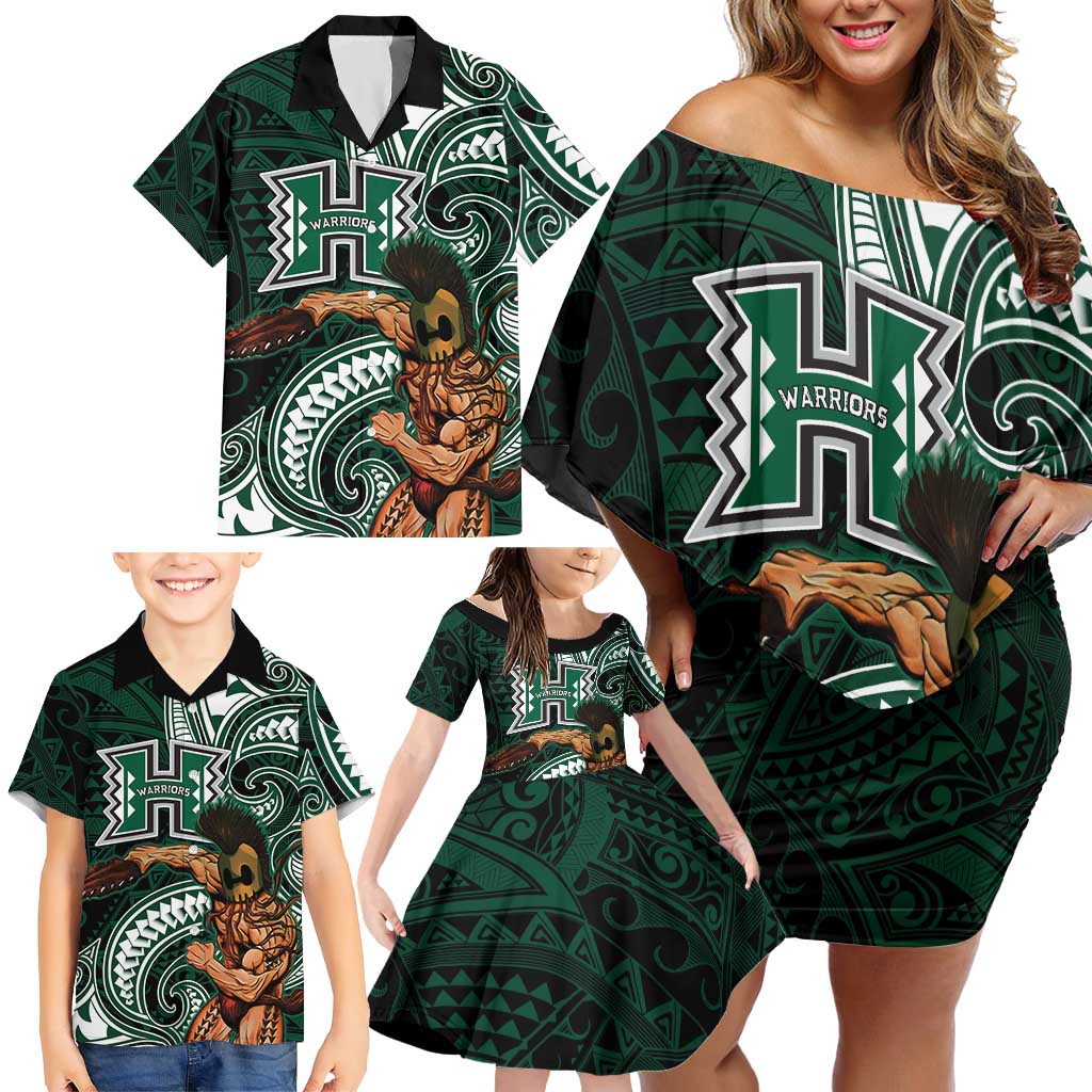 Hawaii Ikaika Warrior Football Family Matching Off Shoulder Short Dress and Hawaiian Shirt Polynesian Tribal Tattoo LT05 - Polynesian Pride