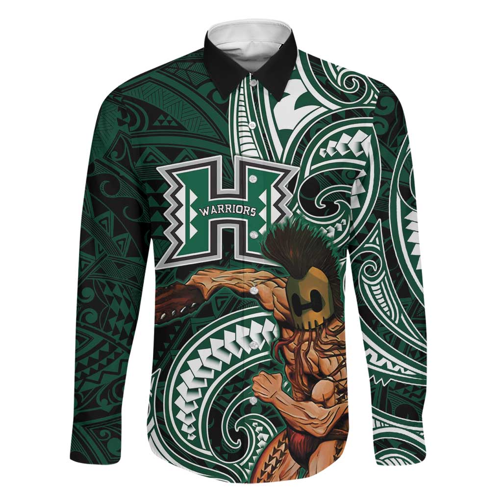 Hawaii Ikaika Warrior Football Family Matching Off Shoulder Short Dress and Hawaiian Shirt Polynesian Tribal Tattoo LT05 Dad's Shirt - Long Sleeve Black - Polynesian Pride