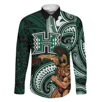 Hawaii Ikaika Warrior Football Family Matching Off Shoulder Short Dress and Hawaiian Shirt Polynesian Tribal Tattoo LT05 Dad's Shirt - Long Sleeve Black - Polynesian Pride