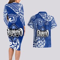 Personalised Hafa Adai Guam History and Chamorro Heritage Day Couples Matching Long Sleeve Bodycon Dress and Hawaiian Shirt Blue Latte Stone LT05 - Polynesian Pride