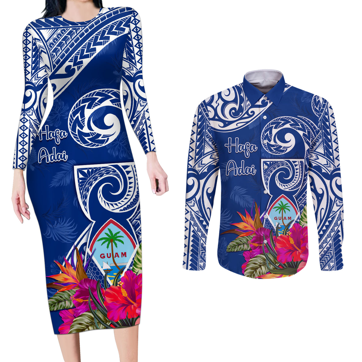 Personalised Hafa Adai Guam History and Chamorro Heritage Day Couples Matching Long Sleeve Bodycon Dress and Long Sleeve Button Shirt Blue Latte Stone LT05 Blue - Polynesian Pride