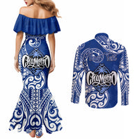 Personalised Hafa Adai Guam History and Chamorro Heritage Day Couples Matching Mermaid Dress and Long Sleeve Button Shirt Blue Latte Stone LT05 - Polynesian Pride