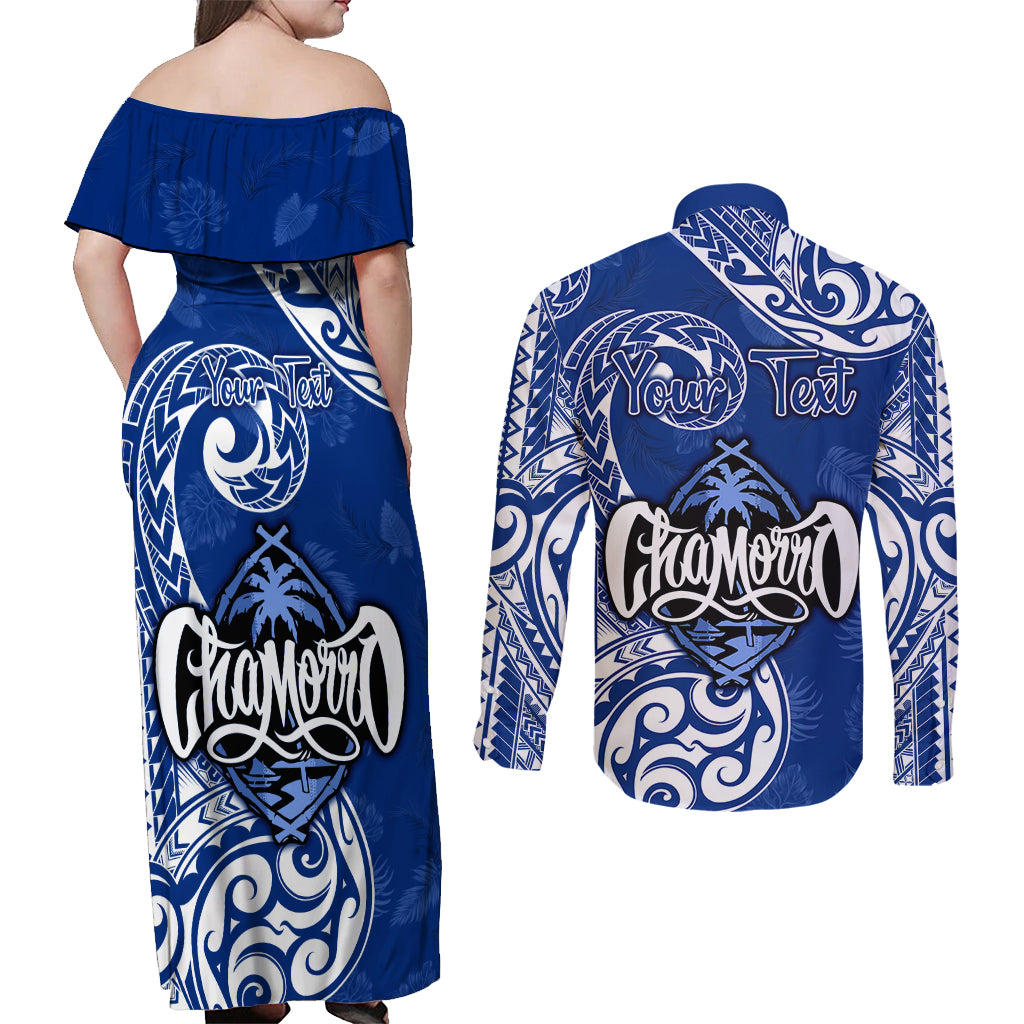 Personalised Hafa Adai Guam History and Chamorro Heritage Day Couples Matching Off Shoulder Maxi Dress and Long Sleeve Button Shirt Blue Latte Stone LT05 - Polynesian Pride