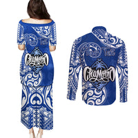 Personalised Hafa Adai Guam History and Chamorro Heritage Day Couples Matching Puletasi Dress and Long Sleeve Button Shirt Blue Latte Stone LT05 - Polynesian Pride