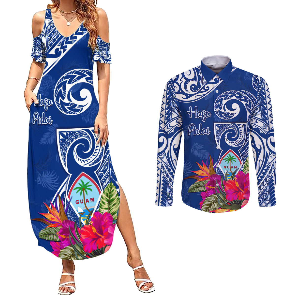 Personalised Hafa Adai Guam History and Chamorro Heritage Day Couples Matching Summer Maxi Dress and Long Sleeve Button Shirt Blue Latte Stone LT05 Blue - Polynesian Pride