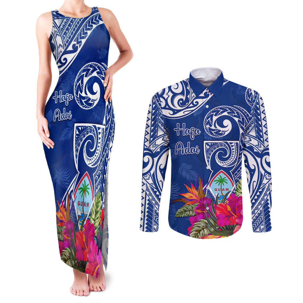 Personalised Hafa Adai Guam History and Chamorro Heritage Day Couples Matching Tank Maxi Dress and Long Sleeve Button Shirt Blue Latte Stone LT05 Blue - Polynesian Pride