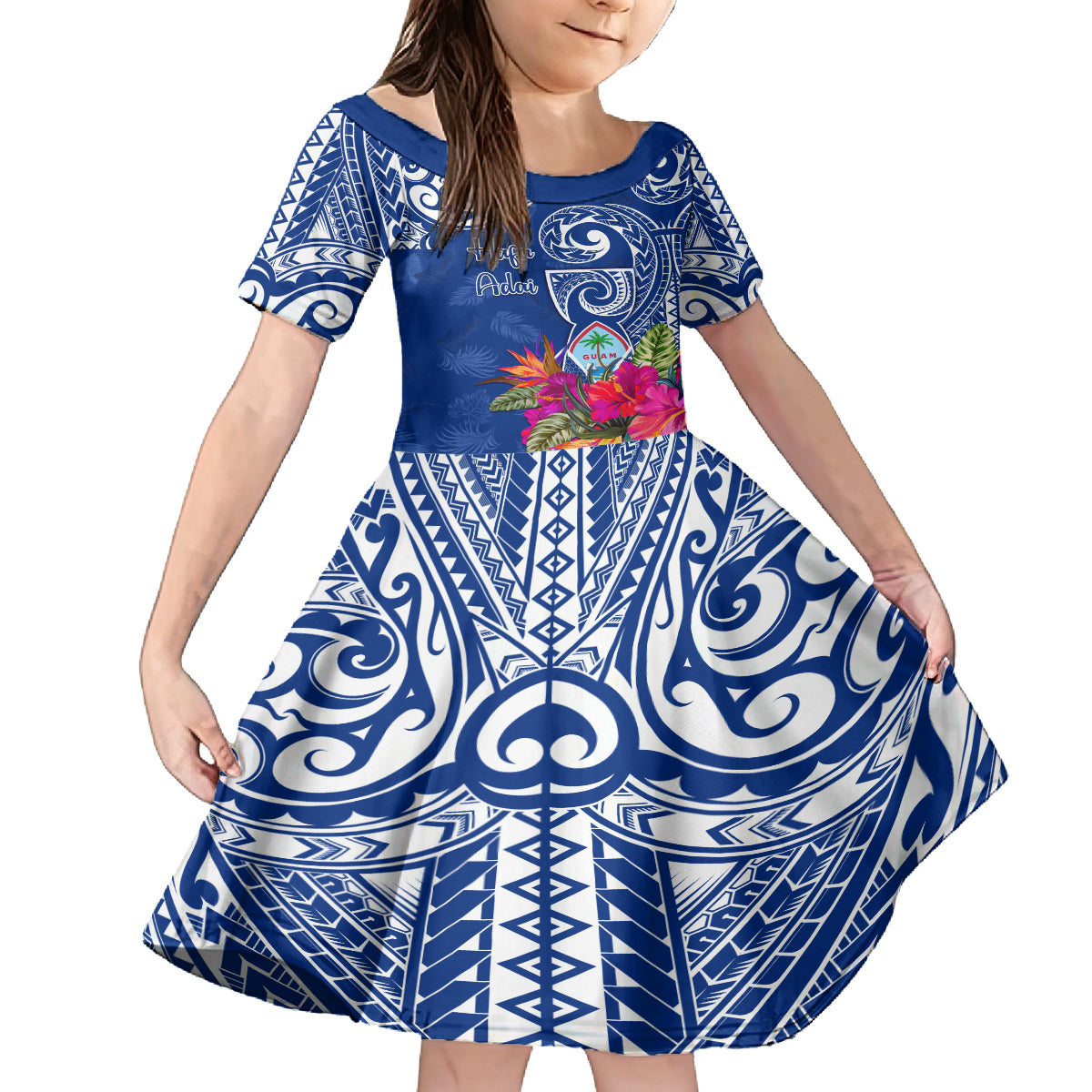 Personalised Hafa Adai Guam History and Chamorro Heritage Day Family Matching Tank Maxi Dress and Hawaiian Shirt Blue Latte Stone LT05 Daughter's Dress Blue - Polynesian Pride