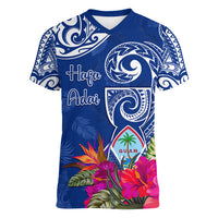 Personalised Hafa Adai Guam History and Chamorro Heritage Day Women V Neck T Shirt Blue Latte Stone LT05 Female Blue - Polynesian Pride