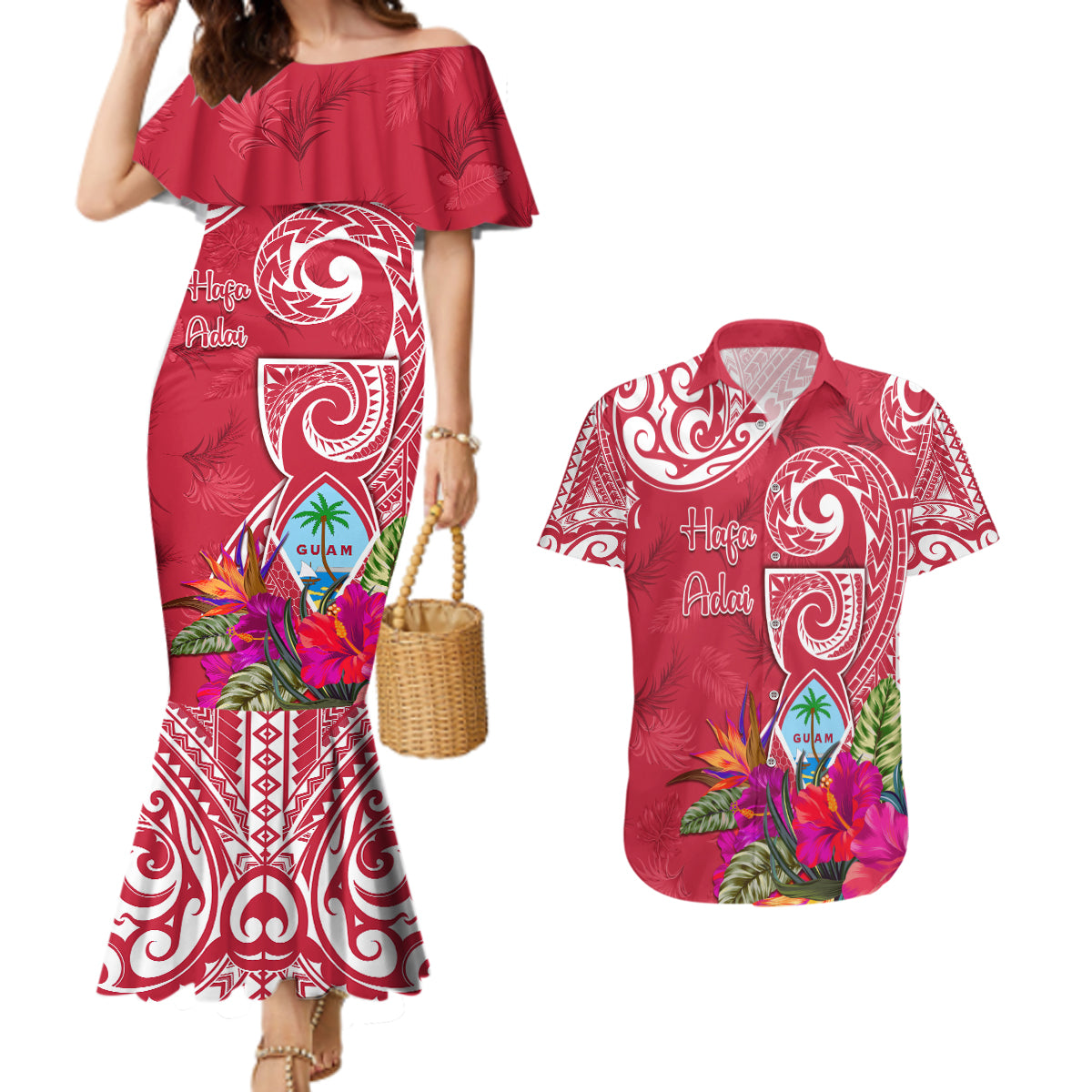 Personalised Hafa Adai Guam History and Chamorro Heritage Day Couples Matching Mermaid Dress and Hawaiian Shirt Red Latte Stone LT05 Red - Polynesian Pride