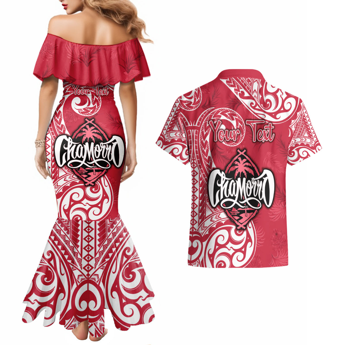 Personalised Hafa Adai Guam History and Chamorro Heritage Day Couples Matching Mermaid Dress and Hawaiian Shirt Red Latte Stone LT05 - Polynesian Pride