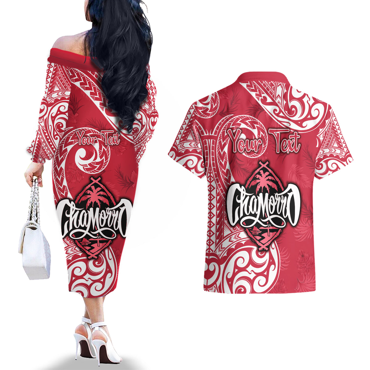 Personalised Hafa Adai Guam History and Chamorro Heritage Day Couples Matching Off The Shoulder Long Sleeve Dress and Hawaiian Shirt Red Latte Stone LT05 - Polynesian Pride