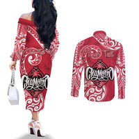 Personalised Hafa Adai Guam History and Chamorro Heritage Day Couples Matching Off The Shoulder Long Sleeve Dress and Long Sleeve Button Shirt Red Latte Stone LT05 - Polynesian Pride