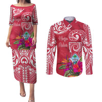 Personalised Hafa Adai Guam History and Chamorro Heritage Day Couples Matching Puletasi Dress and Long Sleeve Button Shirt Red Latte Stone LT05 Red - Polynesian Pride