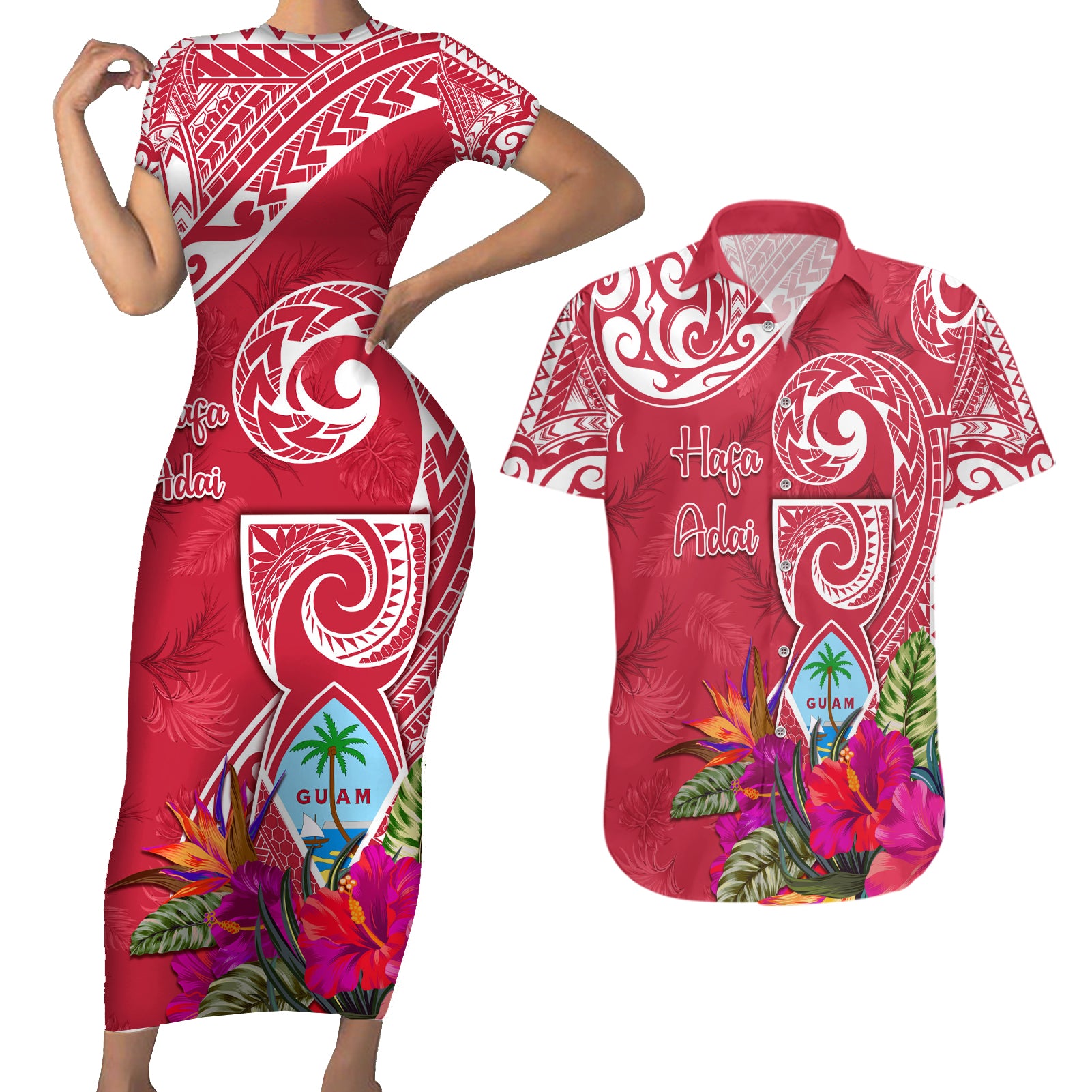 Personalised Hafa Adai Guam History and Chamorro Heritage Day Couples Matching Short Sleeve Bodycon Dress and Hawaiian Shirt Red Latte Stone LT05 Red - Polynesian Pride