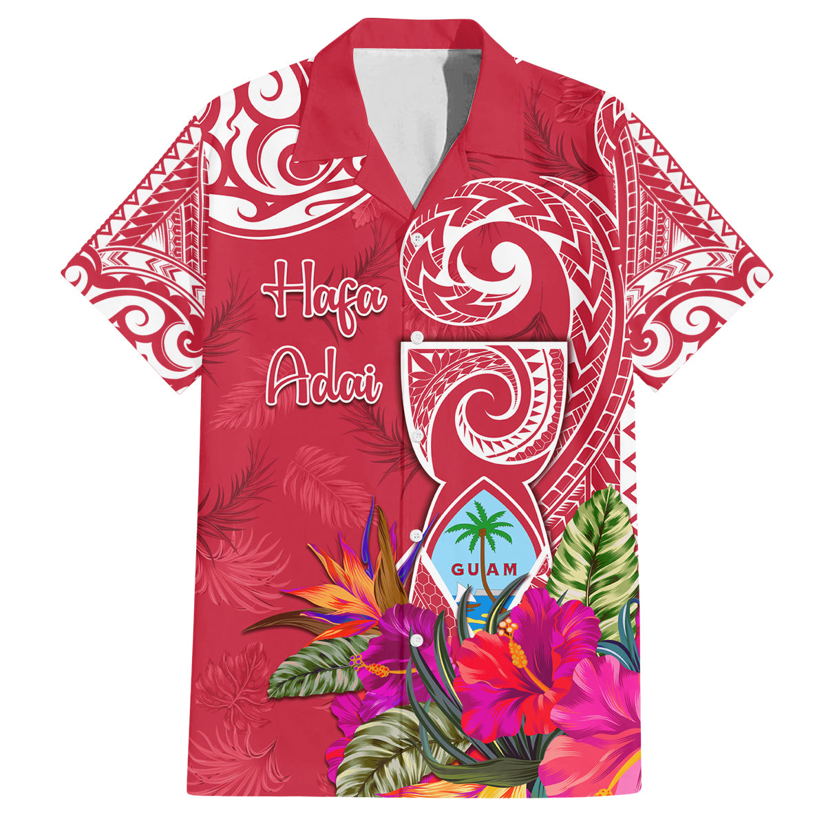 Personalised Hafa Adai Guam History and Chamorro Heritage Day Family Matching Tank Maxi Dress and Hawaiian Shirt Red Latte Stone LT05 Dad's Shirt - Short Sleeve Red - Polynesian Pride