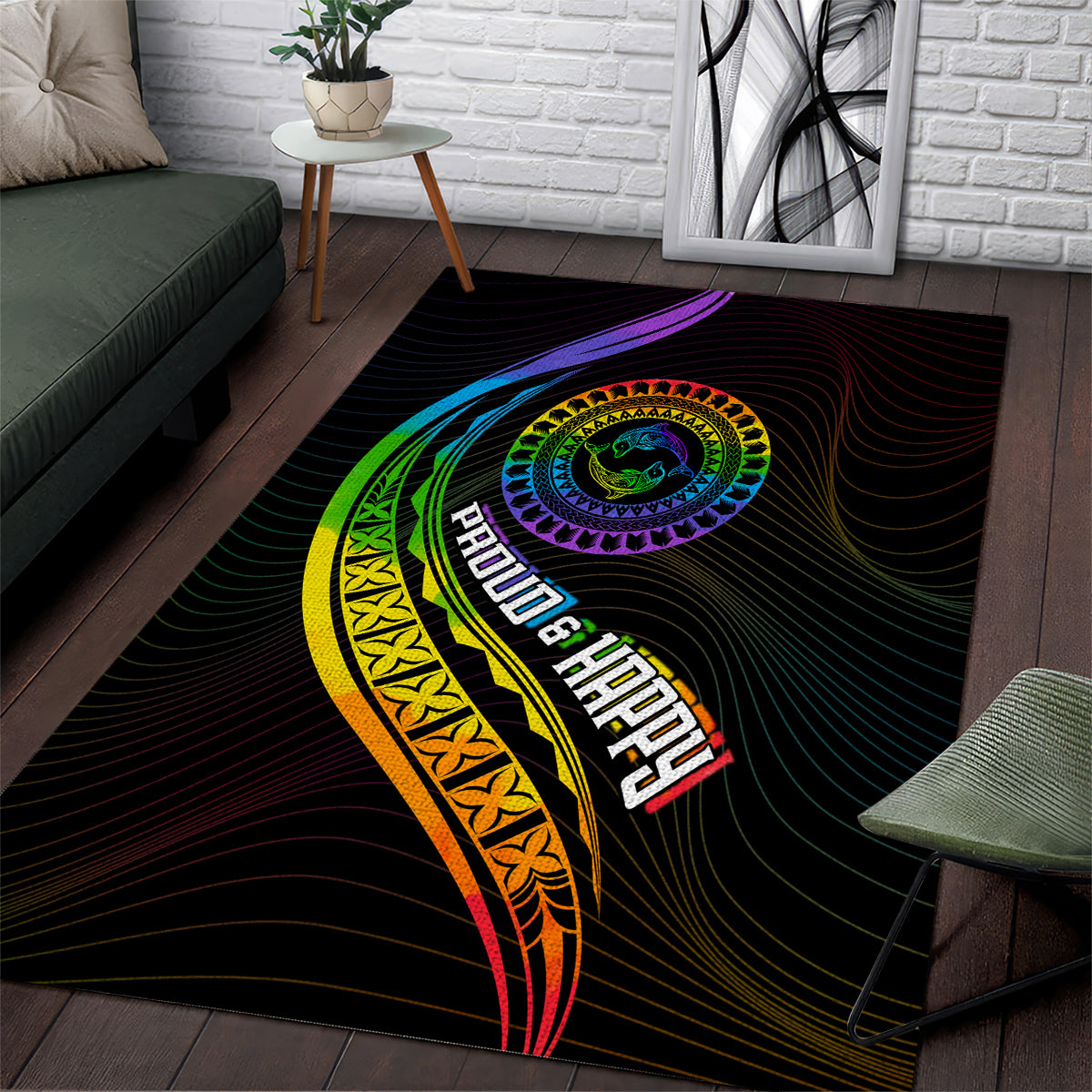 LGBT History Month Area Rug Proud And Happy Polynesian Dolphin LT05 Black - Polynesian Pride