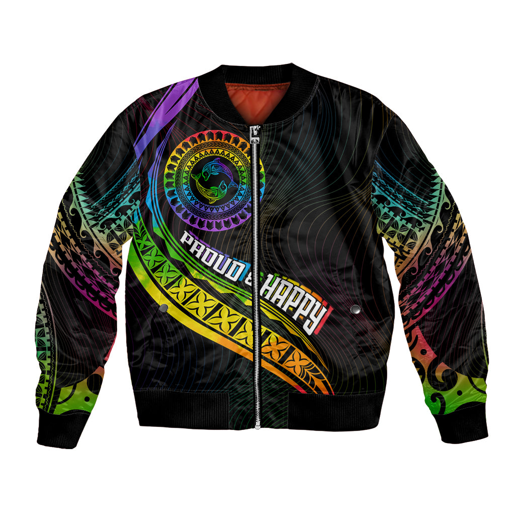 Personalised LGBT History Month Bomber Jacket Proud And Happy Polynesian Dolphin LT05 Unisex Black - Polynesian Pride