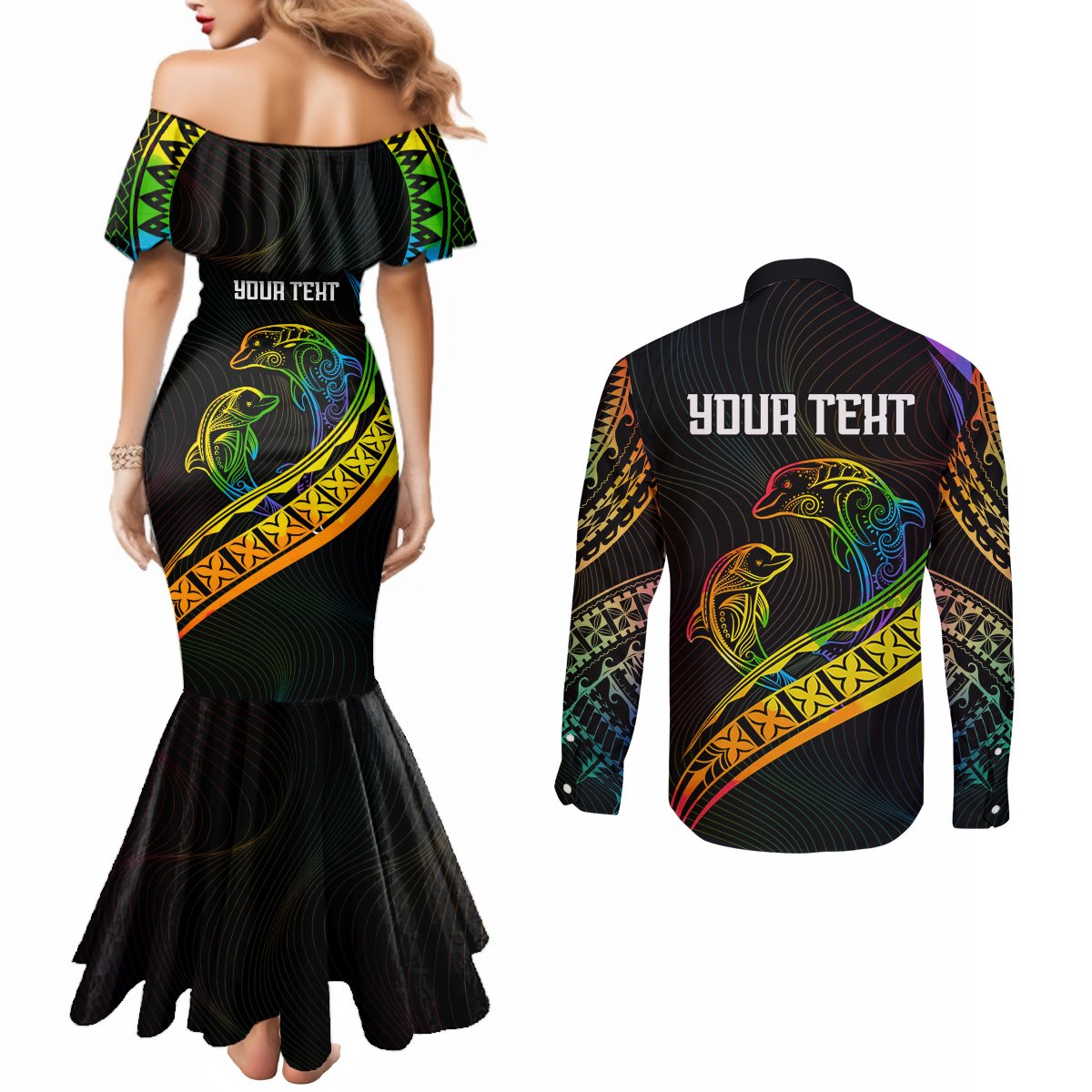 Personalised LGBT History Month Couples Matching Mermaid Dress and Long Sleeve Button Shirt Proud And Happy Polynesian Dolphin LT05 - Polynesian Pride