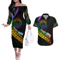 Personalised LGBT History Month Couples Matching Off The Shoulder Long Sleeve Dress and Hawaiian Shirt Proud And Happy Polynesian Dolphin LT05 Black - Polynesian Pride