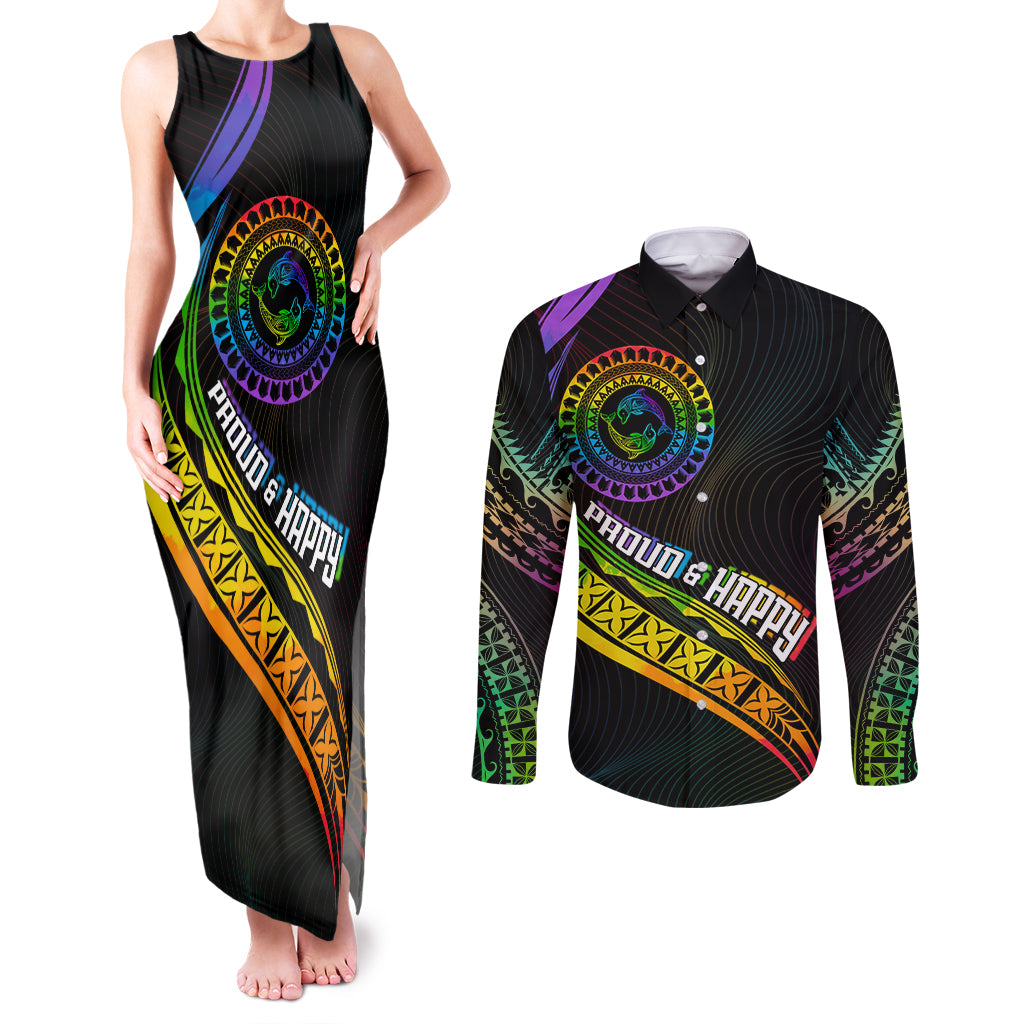 Personalised LGBT History Month Couples Matching Tank Maxi Dress and Long Sleeve Button Shirt Proud And Happy Polynesian Dolphin LT05 Black - Polynesian Pride