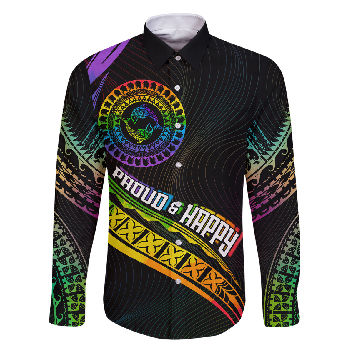 Personalised LGBT History Month Family Matching Puletasi Dress and Hawaiian Shirt Proud And Happy Polynesian Dolphin LT05 Dad's Shirt - Long Sleeve Black - Polynesian Pride