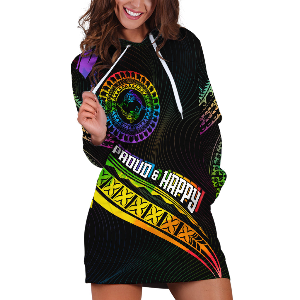 Personalised LGBT History Month Hoodie Dress Proud And Happy Polynesian Dolphin LT05 Black - Polynesian Pride