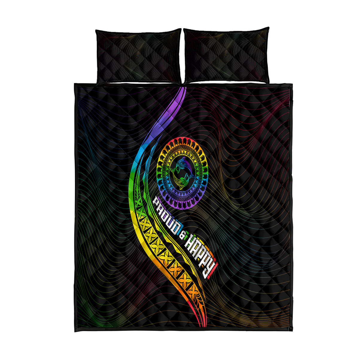 LGBT History Month Quilt Bed Set Proud And Happy Polynesian Dolphin LT05 Black - Polynesian Pride